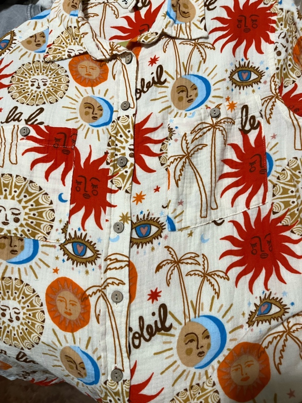 Ivy Jane Colorful Sun & Moon Print Button-Up Shirt Cotton Summer Gauzy Boho - Picture 2 of 13